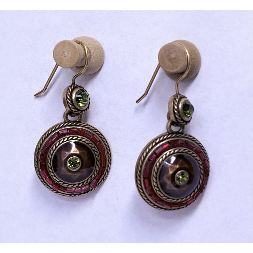 Chico's Vintage Boho Dangle Earrings Bronze Red Green‎ Rhinestone Statement